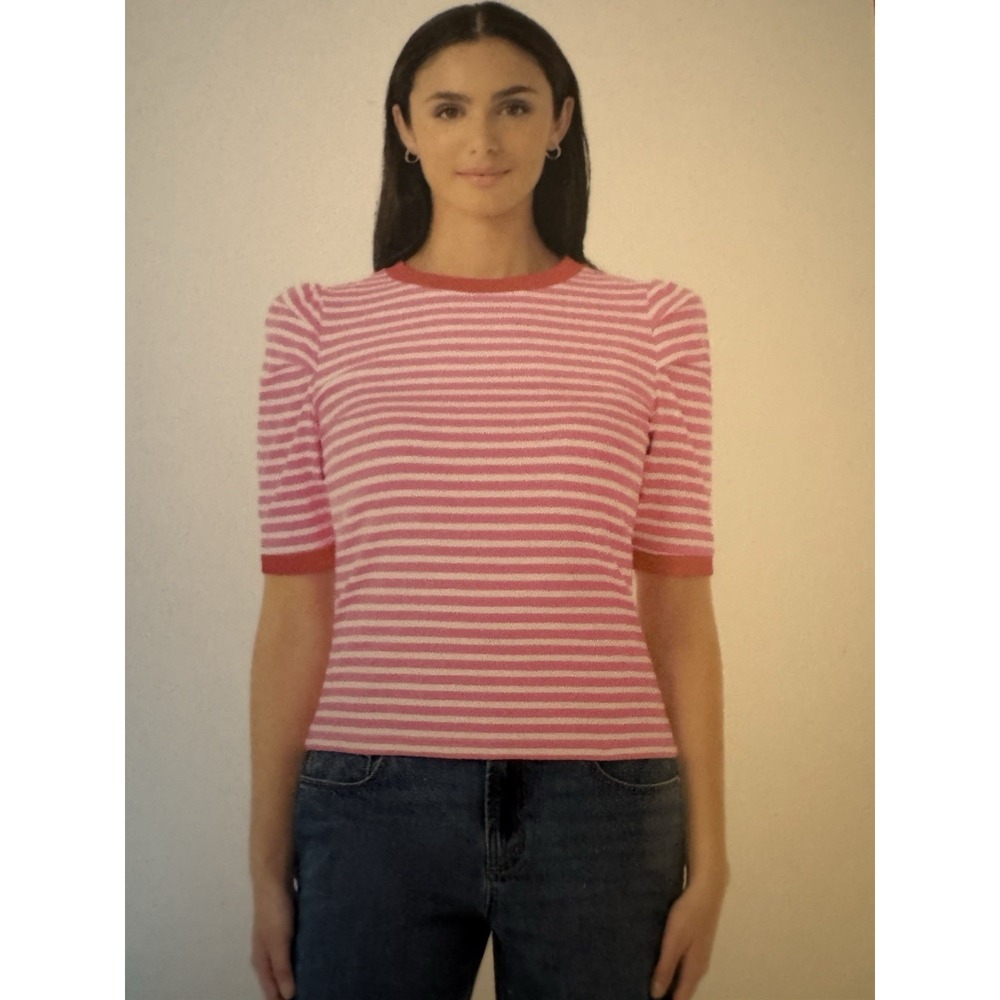NWT Rebecca Minkoff Pink Stripe Puff Sleeve Rib Knit Top Red Trim Medium
